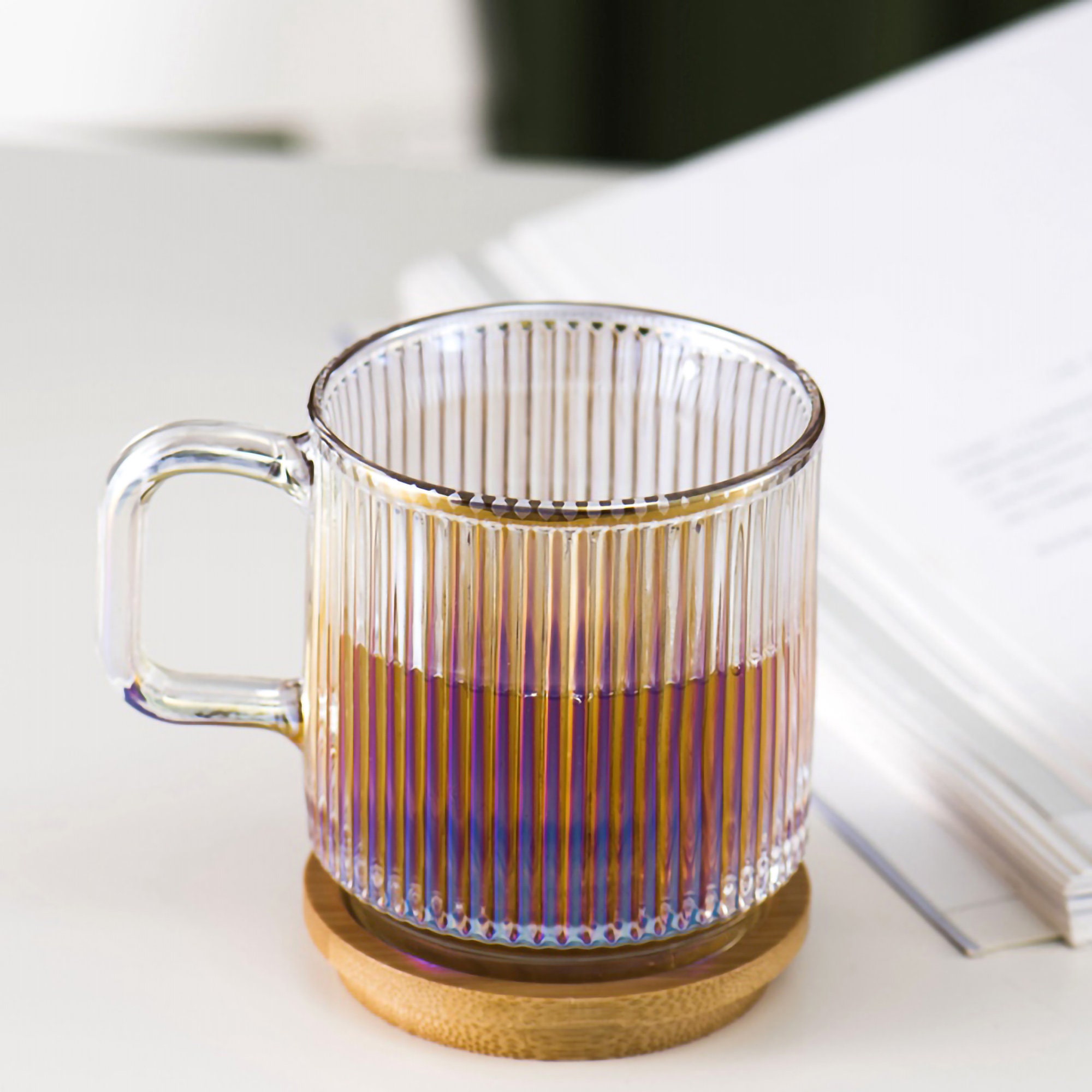 Ribbed Clear / Iridescent Glass Tumbler Mug with Bamboo cup Etsy