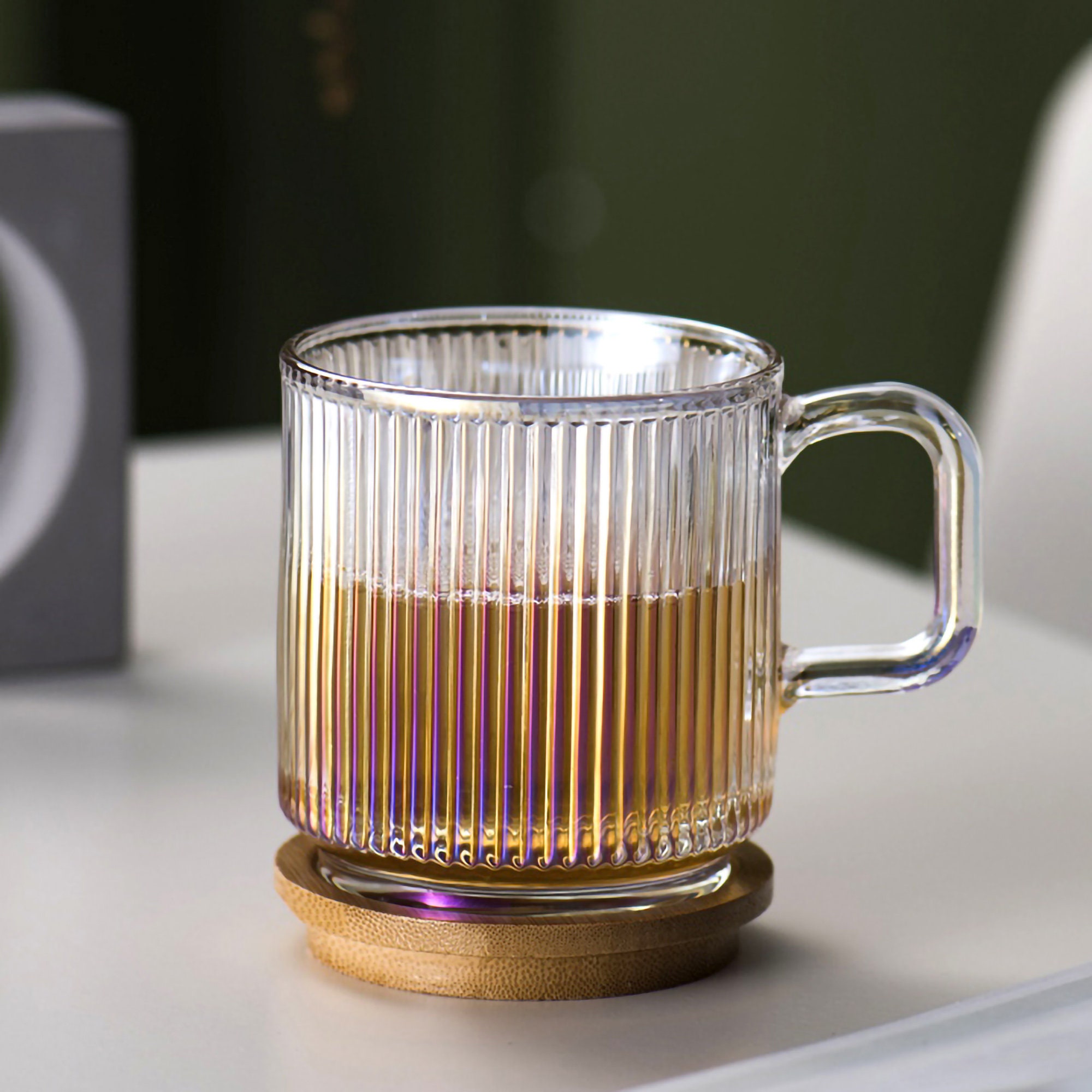 Ribbed Clear / Iridescent Glass Tumbler Mug with Bamboo cup Etsy