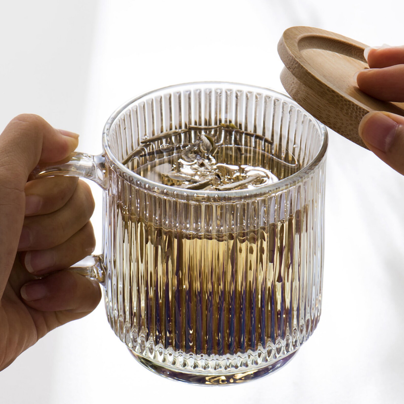 Ribbed Clear / Iridescent Glass Tumbler Mug with Bamboo cup Etsy