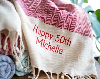 Personalized 50th Birthday Beach Towel: Custom Turkish Cotton Gift