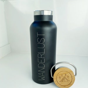 Trinkflasche Edelstahl mit Bambusdeckel schwarz, weiß, silber, grau oder olivgrün Personalisiert Bild 2