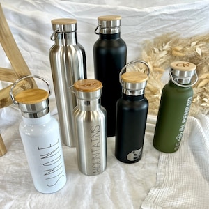 Stainless steel drinking bottle with bamboo lid black, white, silver, gray or olive green - personalized