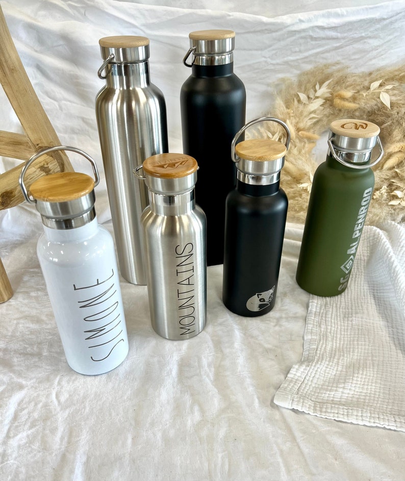 Trinkflasche Edelstahl mit Bambusdeckel schwarz, weiß, silber, grau oder olivgrün Personalisiert Bild 1