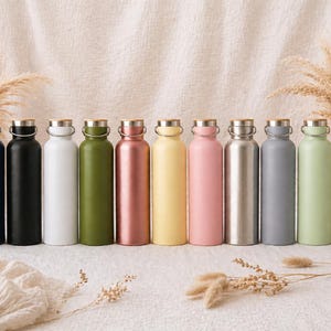 May include: A range of insulated water bottles in colours such as red, navy, black, white, green, pink, yellow, silver, grey, light green, beige, and lavender. Each bottle has a silver cap and a wooden-coloured top.