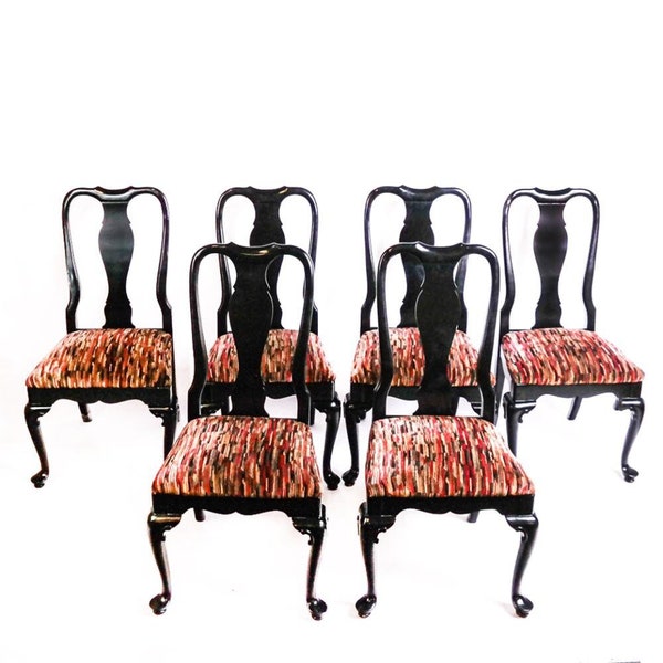 Set of six (6) ebonized vintage dining chairs in the Queen Anne or Georgian taste, upholstered cushions, customizable