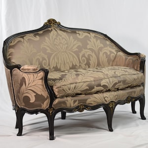 New Scalamandre Silk Damask on Restored c.1920 Antique Louis XV-style Canape, French Provincial Loveseat, Small Apartment Sofa or Settee