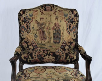 19th c. French Hand Carved Walnut Needlepoint Armchair, Louis XV-style Armchair, Original Aubusson Tapestry, French Provincial Accent Chair