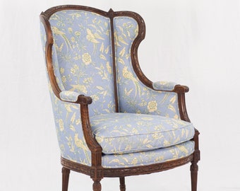 Special Order: New Scalamandre Upholstery Restored c1910 Louis XVI-style Carved Wing Back Armchair, Large French Country Provincial Bergere