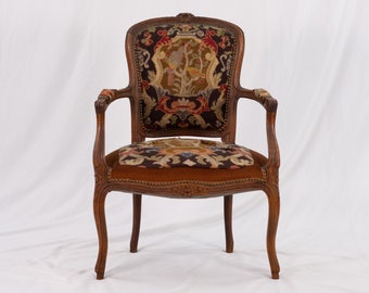 Antique Louis XV-style Carved Fauteuil Armchair, Aubusson Needlepoint Upholstery, French Provincial Accent Chair