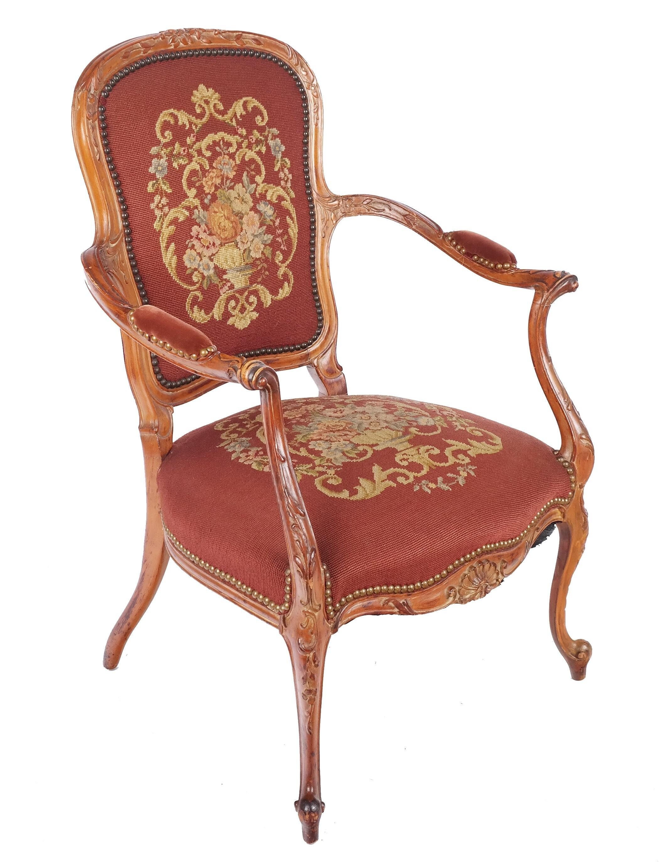 Louis XV Walnut Needlepoint Upholstered Armchair