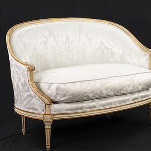 Authentic 18th century period antique Louis XVI gilded canapé fully restored in new Scalamandre silk damask settee