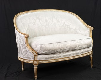 Antique Louis XVI Gilded Canapé: Restored Scalamandre Silk Settee