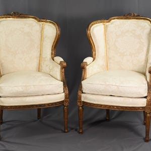 NEW Scalamandre Restored Pair Antique Louis XV-style Carved Wingback Armchair, French Accent Chair, Elegant Giltwood Bergere - Set of 2