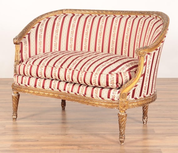 Antique French Louis XVI Giltwood Canapé Settee: Carved Corbeille