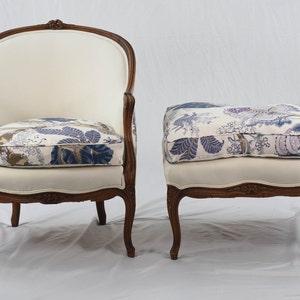 Special Order: New Schumacher Upholstery c.1920 Louis XV-style Carved Fruitwood Bergere with Ottoman | French Provincial Armchair