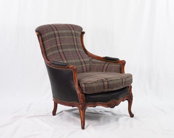 Special Order: Restored in Leather and Plaid Wool Late 19th C. Antique Louis XV-style Library Chair, French Provincial Bergere Armchair