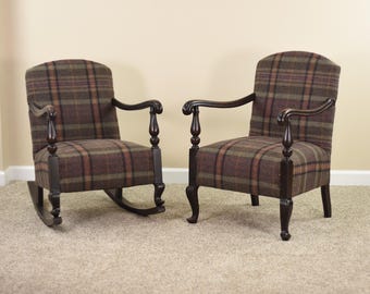 Pair of Ralph Lauren Wool and Genuine Leather on Vintage Armchairs | Rocking Library Chair