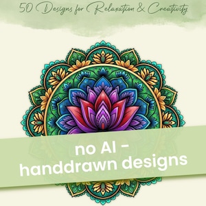 Pode incluir: Uma capa de livro intitulada FLORAL MANDALA 50 Designs for Relaxation & Creativity com uma ilustração de mandala simétrica estilo lótus em tons de azul, roxo, verde e dourado, com o texto no AI - handdrawn designs.