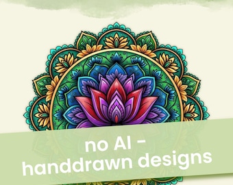 May include: A book cover titled FLORAL MANDALA 50 Designs for Relaxation & Creativity featuring a colorful, symmetrical lotus-style mandala illustration in shades of blue, purple, green, and gold, with the text no AI - handdrawn designs.