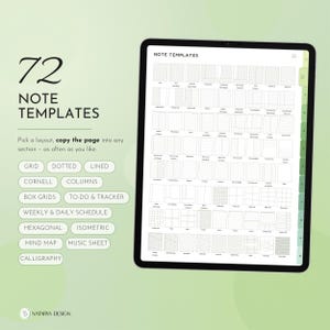 Pode incluir: Um tablet digital exibindo um menu intitulado NOTE TEMPLATES com 72 layouts de p&aacute;gina distintos, incluindo grade, pontilhado, pautado, Cornell, colunas, caixas, tarefas, rastreador, agenda, hexagonal, isom&eacute;trico, mapa mental e partitura.