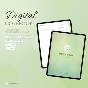 Könnte beinhalten: Ein digitales Notizbuch als verlinktes PDF für Goodnotes und Notability mit 10 Abschnitten, 50 Unterabschnitten, 72 Notizvorlagen, 148 Einbänden und 12 Farben. Das Display zeigt eine Indexseite und ein grünes Cover mit dem Text NOTEBOOK.