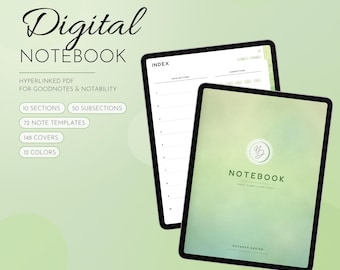 Paket med hyperlänkade digitala anteckningsböcker för GoodNotes | 12 färger, 10 flikar, 72 mallar, 74 omslag | iPad Notability PDF-nedladdning