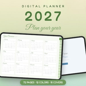 Planejador Digital 2027 para GoodNotes | Planejador Anual, Semanal e Mensal com Hiperlinks | 12 Cores, 15 Capas, Planejador de Férias | PDF para iPad