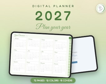 2027 Digital Planner for GoodNotes | Hyperlinked Yearly Weekly Monthly Planner | 12 Colors, 15 Covers, Vacation Planner | iPad PDF