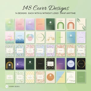 Pode incluir: Uma cole&ccedil;&atilde;o de 148 designs de capas de cadernos em uma grade, com v&aacute;rios padr&otilde;es, gradientes e ilustra&ccedil;&otilde;es. O texto diz 148 Cover Designs, 74 DESIGNS - EACH WITH & WITHOUT LOGO - SWAP ANYTIME e NATARYA DESIGN.