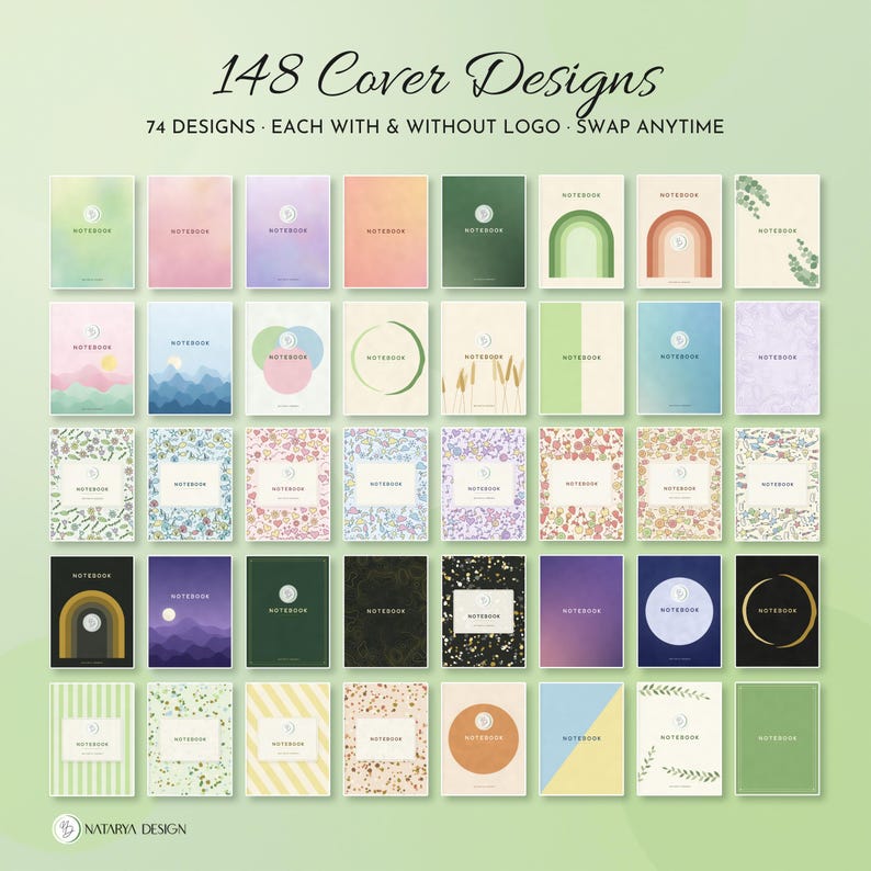 Pode incluir: Uma cole&ccedil;&atilde;o de 148 designs de capas de cadernos em uma grade, com v&aacute;rios padr&otilde;es, gradientes e ilustra&ccedil;&otilde;es. O texto diz 148 Cover Designs, 74 DESIGNS - EACH WITH & WITHOUT LOGO - SWAP ANYTIME e NATARYA DESIGN.