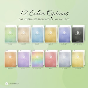 Pode incluir: Doze capas de caderno digitais em s&aacute;lvia, bege, azul, ouro, &iacute;ndigo, preto fosco, laranja, roxo, arco-&iacute;ris, vermelho, prata e amarelo. Cada capa apresenta o texto NOTEBOOK e um logotipo circular. A imagem inclui o texto 12 Color Options.