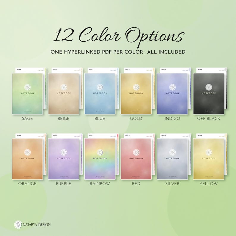 Pode incluir: Doze capas de caderno digitais em s&aacute;lvia, bege, azul, ouro, &iacute;ndigo, preto fosco, laranja, roxo, arco-&iacute;ris, vermelho, prata e amarelo. Cada capa apresenta o texto NOTEBOOK e um logotipo circular. A imagem inclui o texto 12 Color Options.