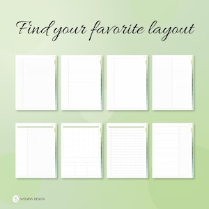 Pode incluir: Oito p&aacute;ginas de planejador digital brancas com v&aacute;rios layouts de grade, linhas e colunas dispostas em duas fileiras. O texto "Find your favorite layout" aparece no topo e o logotipo "NATARYA DESIGN" &eacute; vis&iacute;vel no canto inferior esquerdo.