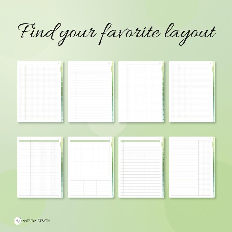 Pode incluir: Oito p&aacute;ginas de planejador digital brancas com v&aacute;rios layouts de grade, linhas e colunas dispostas em duas fileiras. O texto "Find your favorite layout" aparece no topo e o logotipo "NATARYA DESIGN" &eacute; vis&iacute;vel no canto inferior esquerdo.