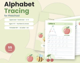 Alphabet Tracing Worksheets Preschool, Printable ABC Letter Tracing, Uppercase Lowercase Handwriting Practice, Ages 3-5, US Letter A4 PDF