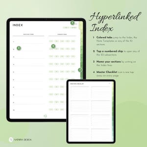 Pode incluir: Uma interface de planejador digital exibida em duas telas, apresentando uma p&aacute;gina de &iacute;ndice com se&ccedil;&otilde;es e subse&ccedil;&otilde;es numeradas, e uma p&aacute;gina de lista de verifica&ccedil;&atilde;o principal. O layout inclui abas laterais verdes e chips.