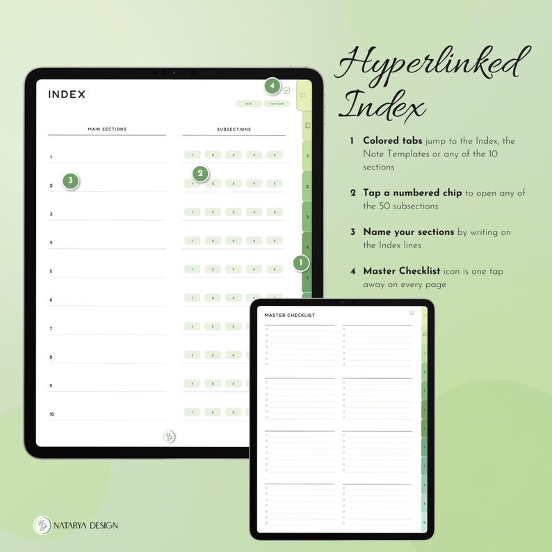 Pode incluir: Uma interface de planejador digital exibida em duas telas, apresentando uma p&aacute;gina de &iacute;ndice com se&ccedil;&otilde;es e subse&ccedil;&otilde;es numeradas, e uma p&aacute;gina de lista de verifica&ccedil;&atilde;o principal. O layout inclui abas laterais verdes e chips.