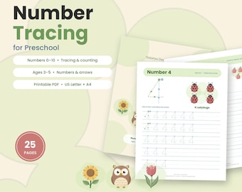 Number Tracing Worksheets Preschool, Printable Numbers 0-10 Tracing, Counting Practice, Handwriting, Ages 3-5, US Letter A4 PDF