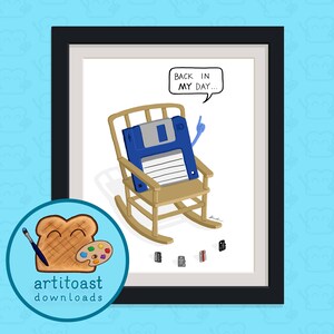 May include: A blue floppy disk with a smiling face sits in a rocking chair. The floppy disk is pointing up with its index finger and has a speech bubble above it that says "Back in my day..." There are five smaller floppy disks below the chair.