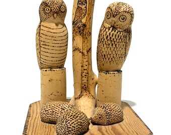 Amazing Swedish Hand Carved Owl and Hedgehogs