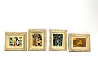 Set of 4 Small Vintage MCM Woodcut Prints by Bill Vincent
