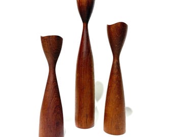 Mid Century Modern Swedish Teak Tulip Candleholder Trio