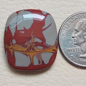 Pu&ograve; includere: Un cabochon di agata rosso, bianco e giallo con una superficie lucida. Il cabochon &egrave; circa delle dimensioni di una moneta da 25 centesimi di dollaro americano.