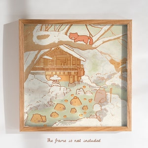 Yuzu Capybara Foil Art Print | 21x21 cm | Cute Hot Spring Square Poster