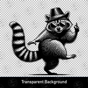 Puede incluir: Ilustraci&oacute;n en blanco y negro de un mapache con sombrero y gafas de sol, posando con un dedo levantado. El mapache tiene una cola rayada y est&aacute; sobre un fondo transparente. El texto "Transparent Background" est&aacute; en la parte inferior.