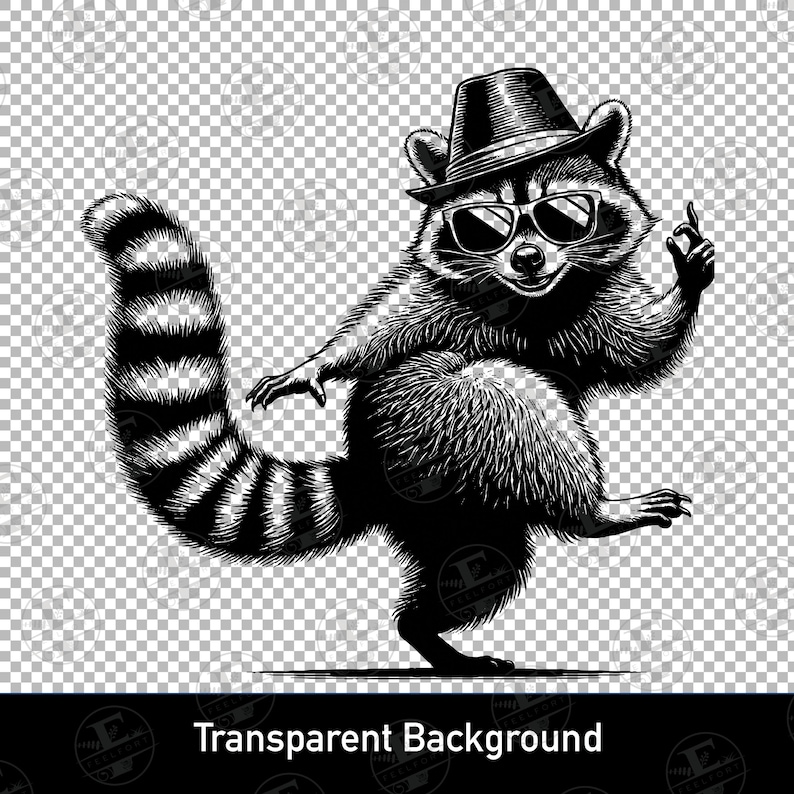 Puede incluir: Ilustraci&oacute;n en blanco y negro de un mapache con sombrero y gafas de sol, posando con un dedo levantado. El mapache tiene una cola rayada y est&aacute; sobre un fondo transparente. El texto "Transparent Background" est&aacute; en la parte inferior.