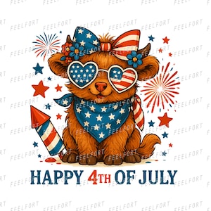 Highland Cow Happy 4th of July SVG PNG | Cute Patriotic Cow Clipart | Independence Day Sublimation for Cricut Shirts & Decor