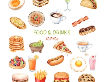 Food & Drink Watercolor Clipart Bundle, 43 Gourmet Food PNGs, Restaurant Clipart for Menu Design, Kitchen Graphics, Commercial Use