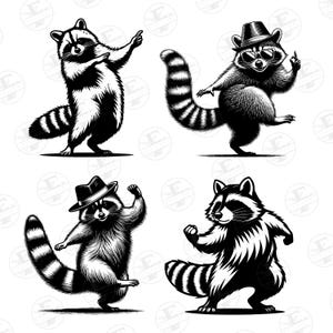 Danse du raton laveur SVG et PNG Bundle, Clipart raton laveur, danse animal Svg, Svg de la faune, des cliparts animaux, fond Transparent