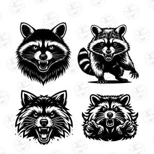 Puede incluir: Cuatro ilustraciones en blanco y negro de mapaches. La primera imagen es un primer plano de la cara de un mapache con la boca abierta. La segunda imagen es una ilustración de cuerpo entero de un mapache de pie sobre sus cuatro patas. La tercera imagen es un primer plano de la cara de un mapache con la boca abierta. La cuarta imagen es una ilustración de cuerpo entero de un mapache de pie sobre sus patas traseras con sus patas delanteras levantadas.